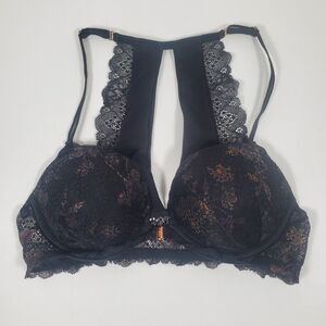 Victoria's Secret PINK Date Push Up Bra 34B Black Lace Front Closure Racerback